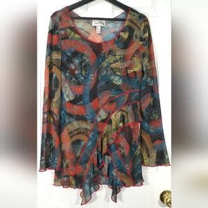 Joseph Ribkoff 70s Multicolor Sheer Mesh Tunic Top Art to Wear Ruffle Grunge L